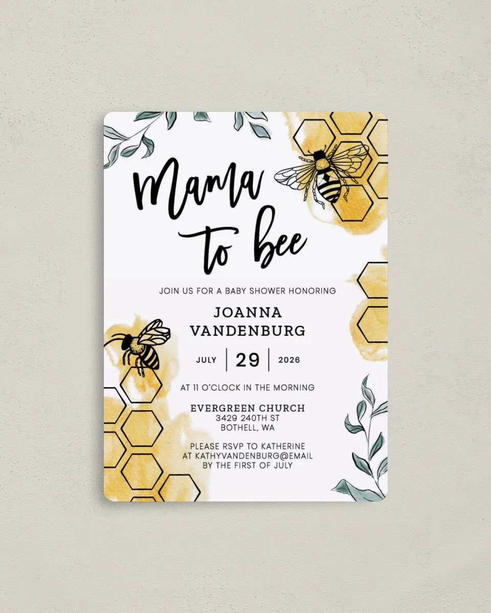 This is a 4" x 5½" Baby Shower Invitation Magnet called Mama to Bee printed in full color with a Luxe Satin finish
