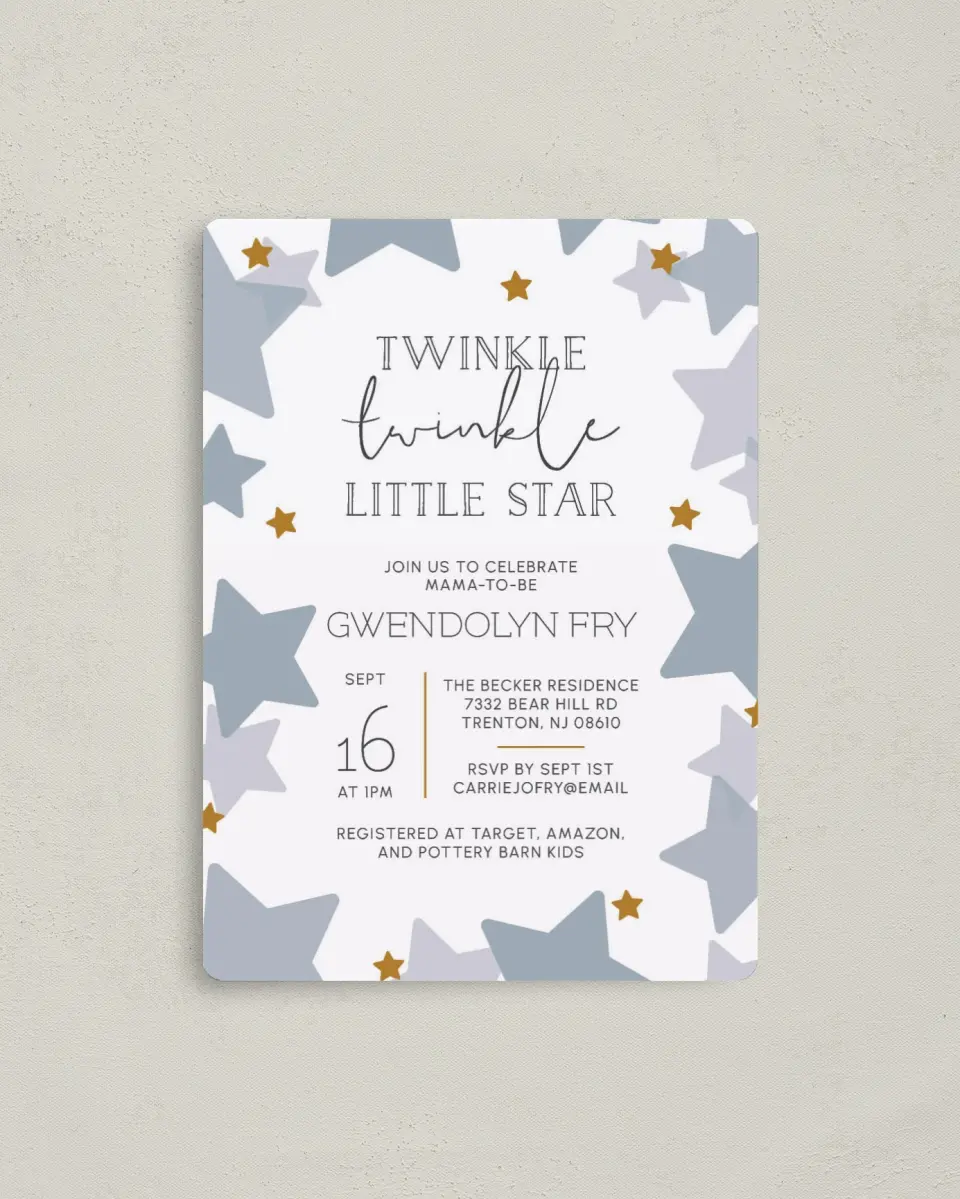 This is a 4" x 5½" Baby Shower Invitation Magnet called Little Twinkle printed in full color with a Luxe Satin finish
