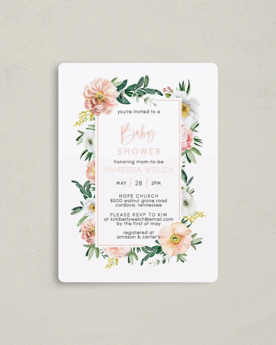 This is a 4" x 5½" Baby Shower Invitation Magnet called Blossoming Baby printed in full color with a Luxe Satin finish