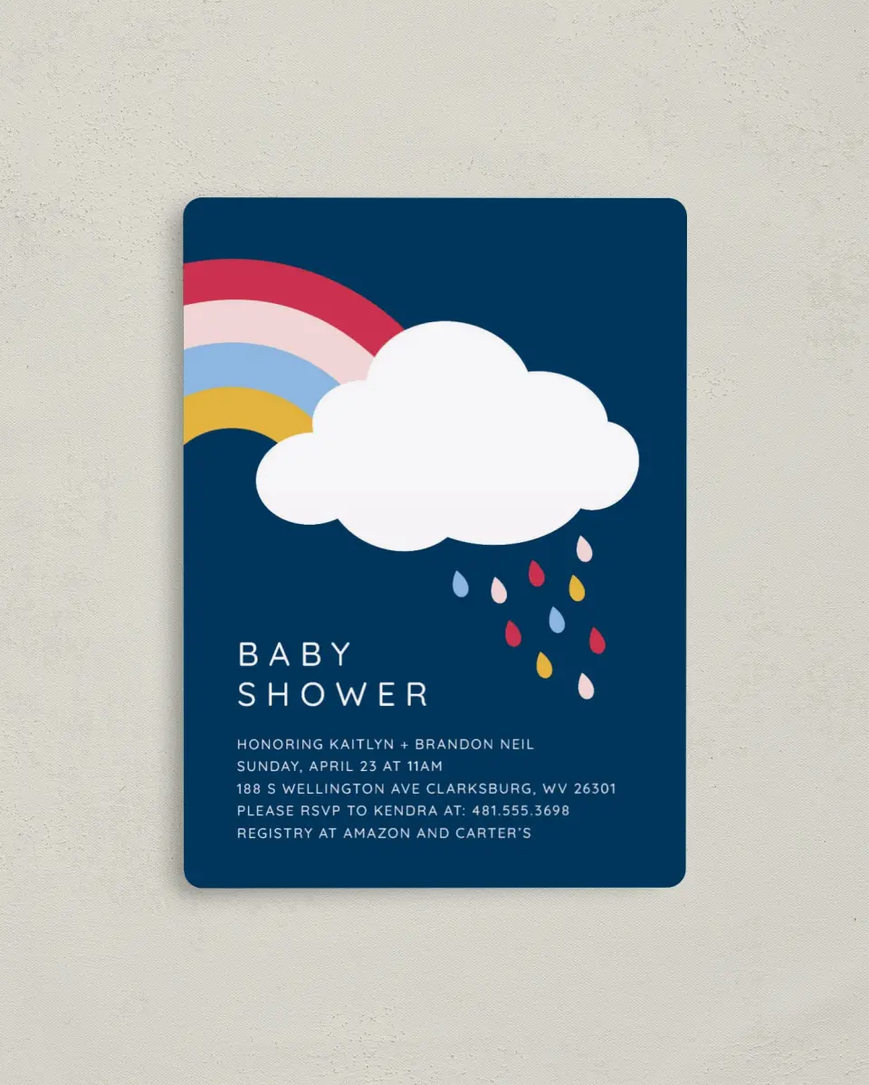 This is a 4" x 5½" Baby Shower Invitation Magnet called Darling Rainbow printed in full color with a Luxe Satin finish