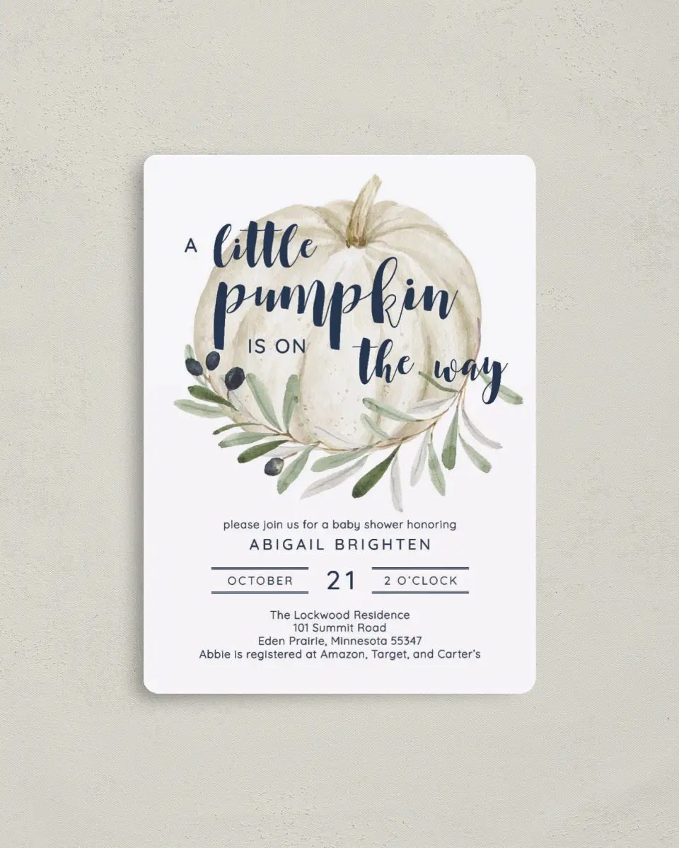 This is a 4" x 5½" Baby Shower Invitation Magnet called Little Pumpkin printed in full color with a Luxe Satin finish