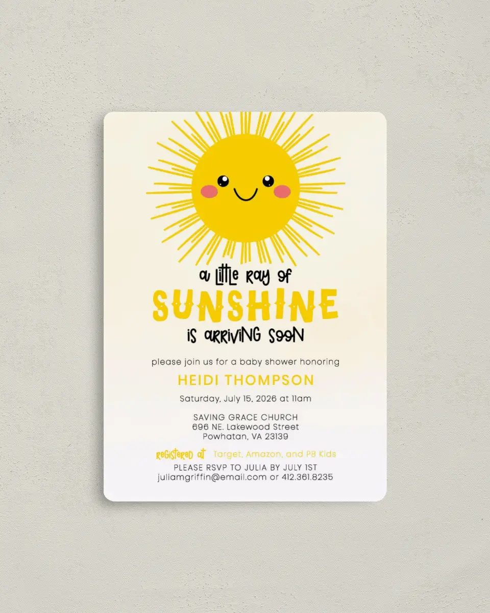 This is a 4" x 5½" Baby Shower Invitation Magnet called Little Sunshine printed in full color with a Luxe Satin finish