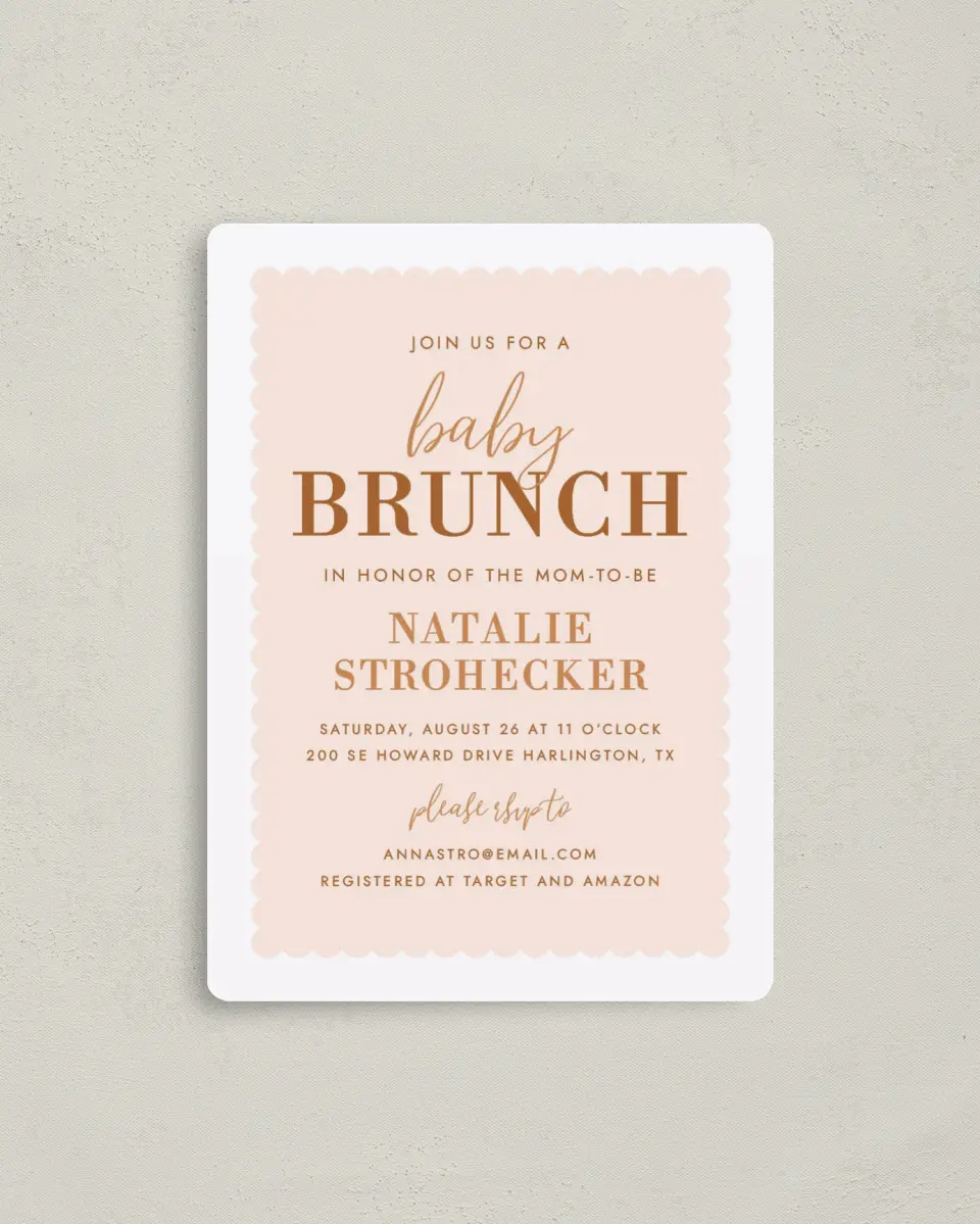This is a 4" x 5½" Baby Shower Invitation Magnet called Sweet Scallops printed in full color with a Luxe Satin finish