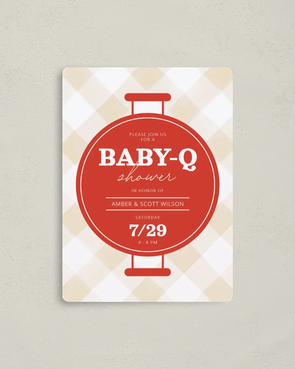This is a 4" x 5½" Baby Shower Invitation Magnet called Baby-Q printed in full color with a Luxe Satin finish