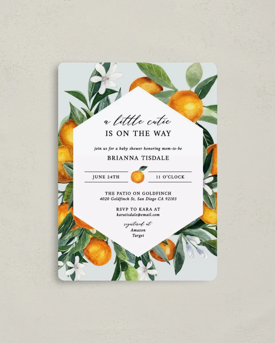 This is a 4" x 5½" Baby Shower Invitation Magnet called Little Cutie printed in full color with a Luxe Satin finish