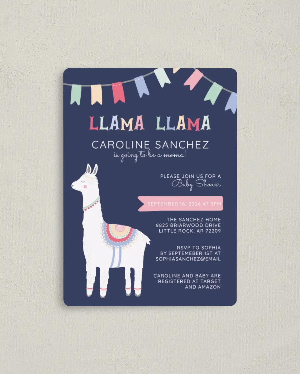 This is a 4" x 5½" Baby Shower Invitation Magnet called Llama Mama printed in full color with a Luxe Satin finish
