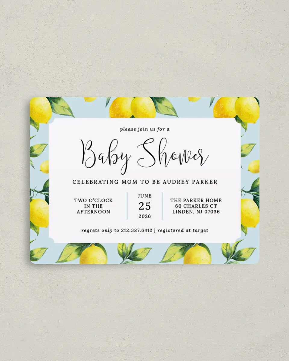 This is a 4" x 5½" Baby Shower Invitation Magnet called Lovely Lemons printed in full color with a Luxe Satin finish