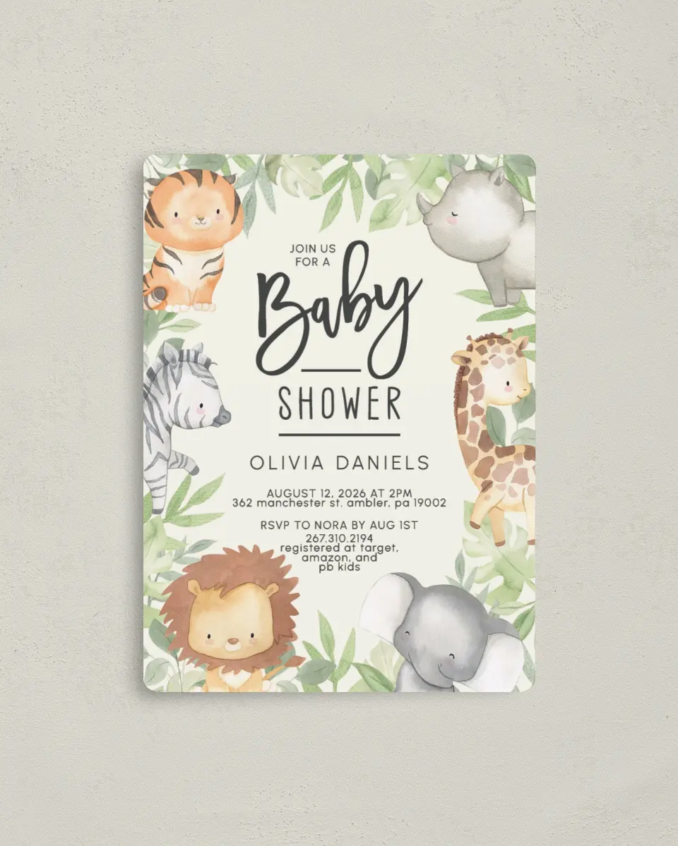 This is a 4" x 5½" Baby Shower Invitation Magnet called Sweet Safari printed in full color with a Luxe Satin finish