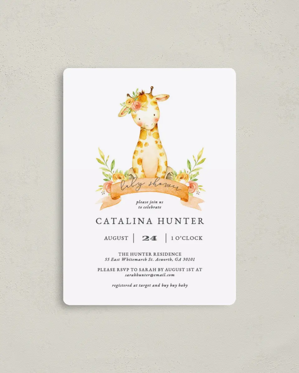 This is a 4" x 5½" Baby Shower Invitation Magnet called Lovely Giraffe printed in full color with a Luxe Satin finish