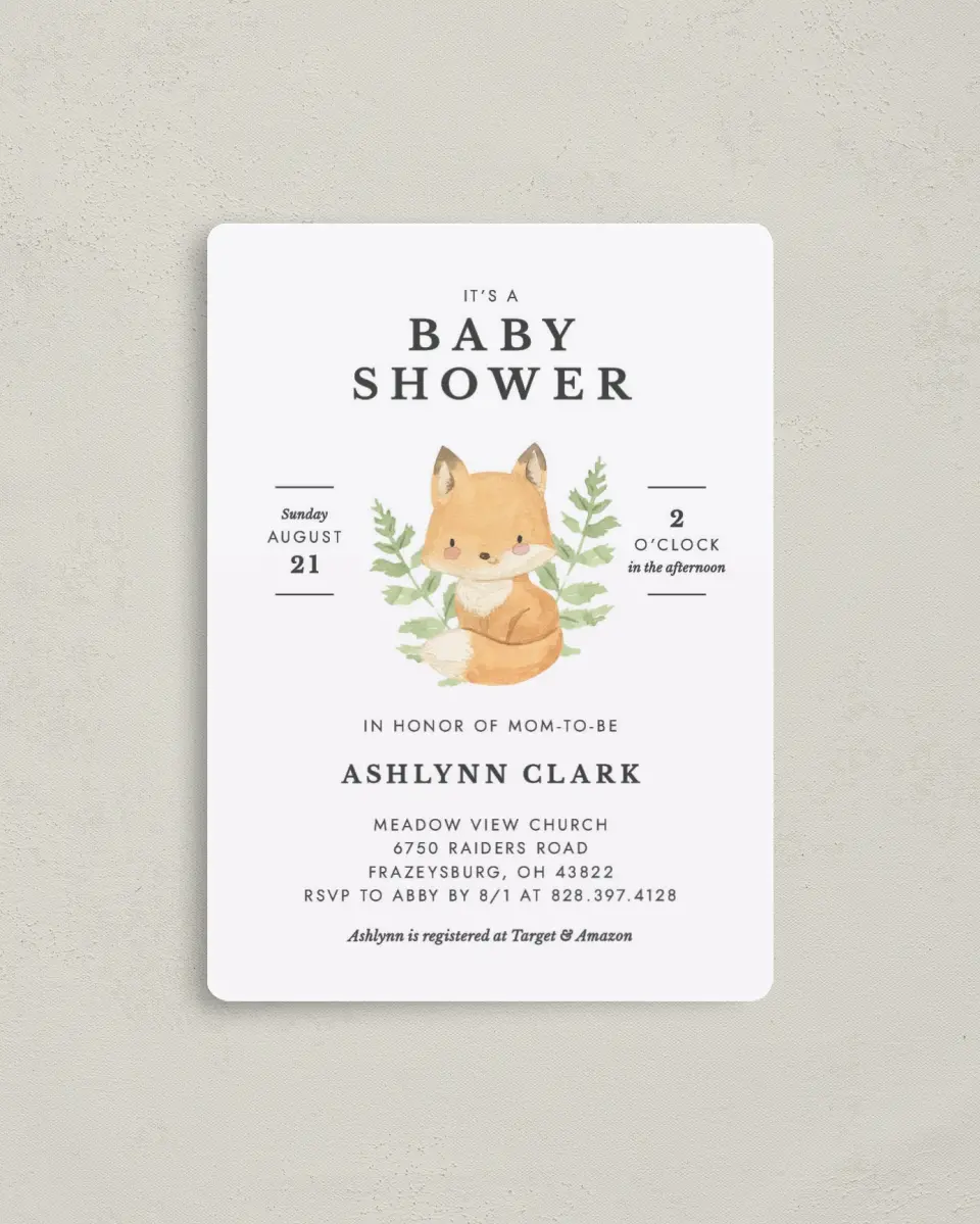 This is a 4" x 5½" Baby Shower Invitation Magnet called Baby Fox printed in full color with a Luxe Satin finish
