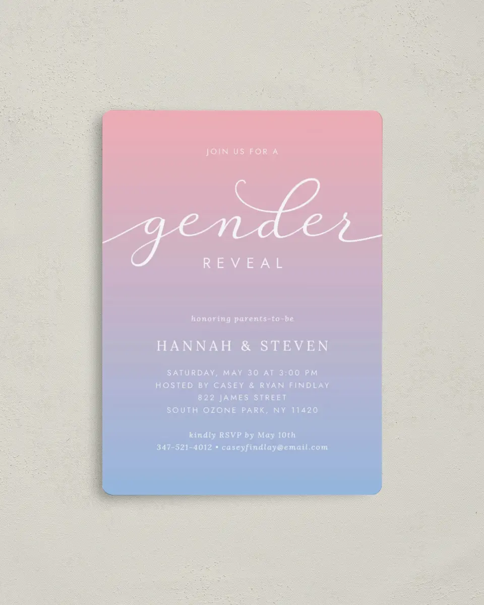 This is a 4" x 5½" Baby Shower Invitation Magnet called Gender Reveal Party printed in full color with a Luxe Satin finish
