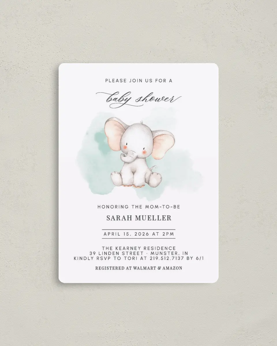 This is a 4" x 5½" Baby Shower Invitation Magnet called Little Elephant printed in full color with a Luxe Satin finish