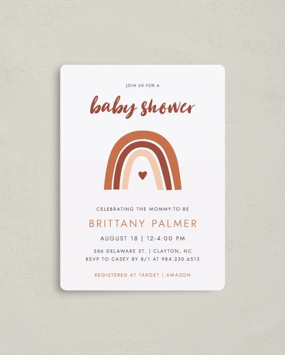 This is a 4" x 5½" Baby Shower Invitation Magnet called Boho Rainbow printed in full color with a Luxe Satin finish