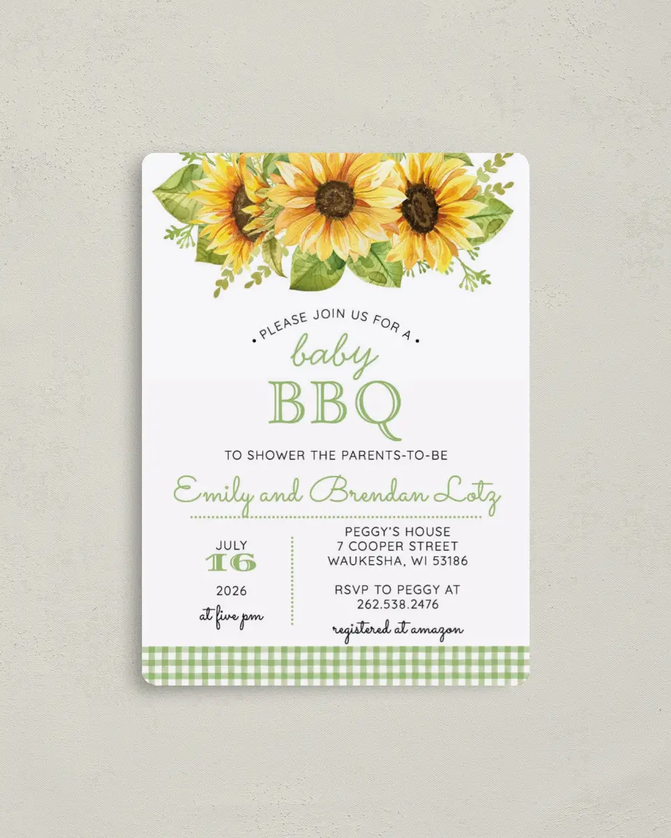 This is a 4" x 5½" Baby Shower Invitation Magnet called Baby BBQ printed in full color with a Luxe Satin finish