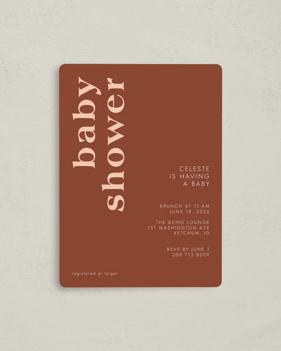 This is a 4" x 5½" Baby Shower Invitation Magnet called Bold Celebration printed in full color with a Luxe Satin finish