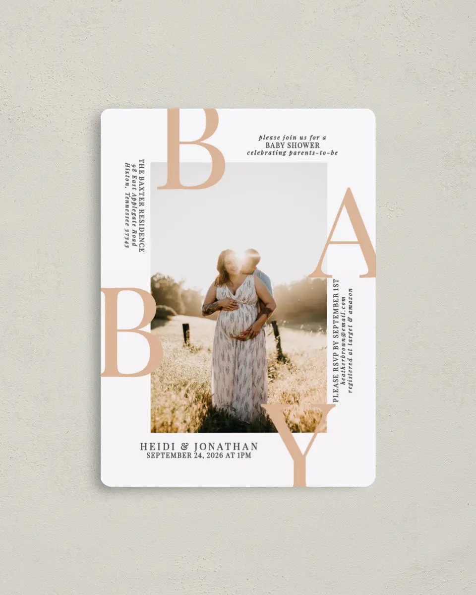 This is a 4" x 5½" Baby Shower Invitation Magnet called Photo Baby printed in full color with a Luxe Satin finish