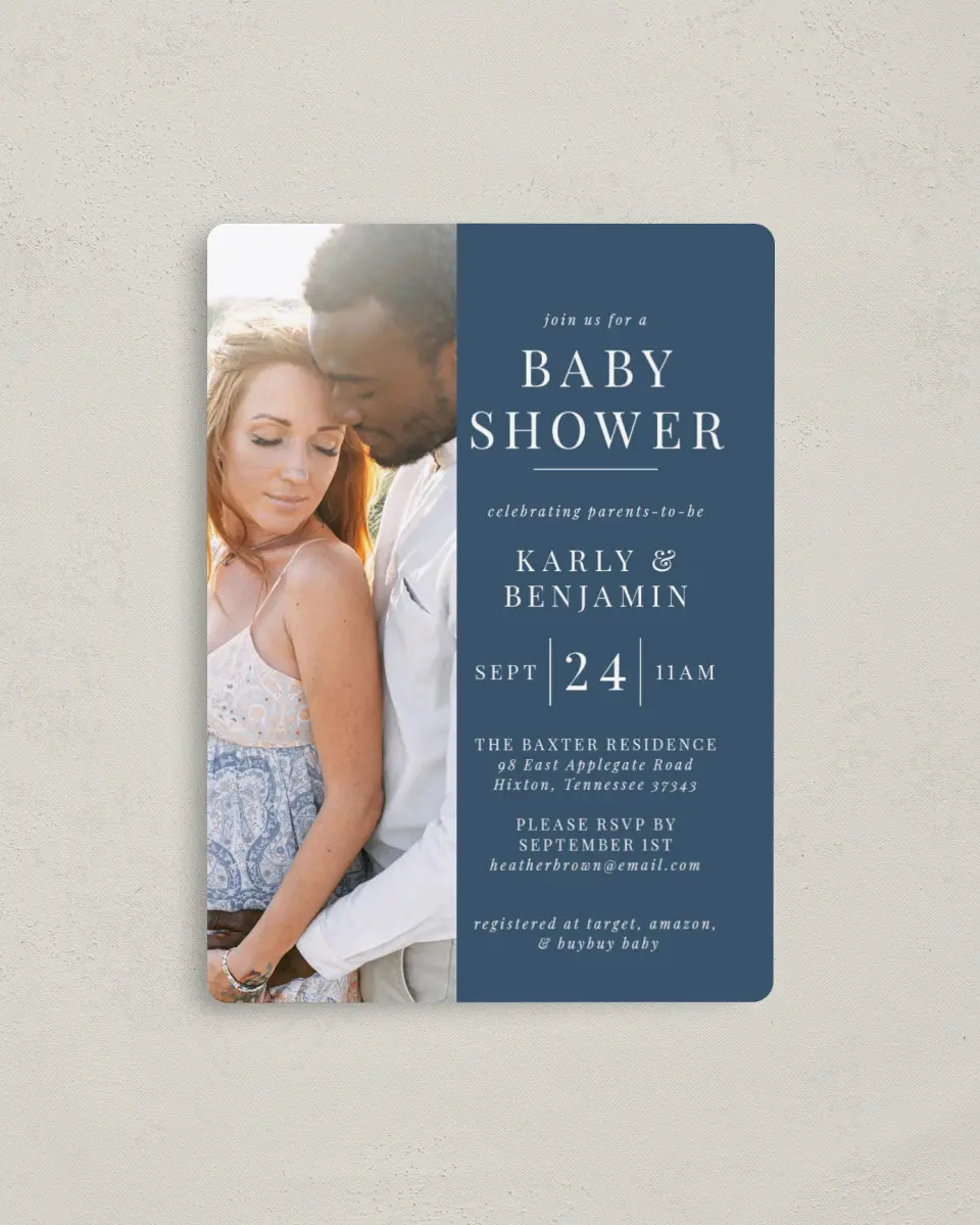 This is a 4" x 5½" Baby Shower Invitation Magnet called Simple Soiree printed in full color with a Luxe Satin finish