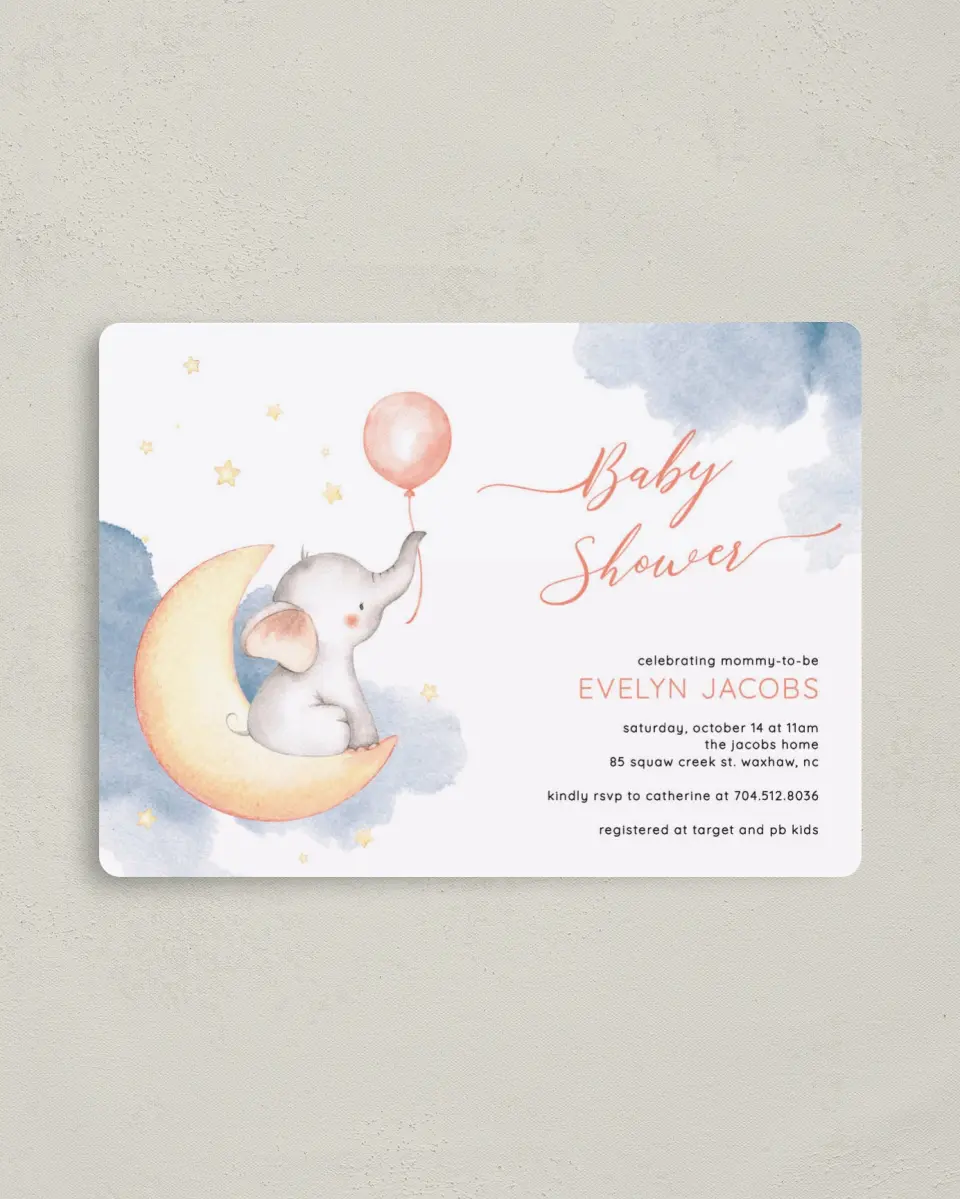 This is a 4" x 5½" Baby Shower Invitation Magnet called Elephant Moon printed in full color with a Luxe Satin finish