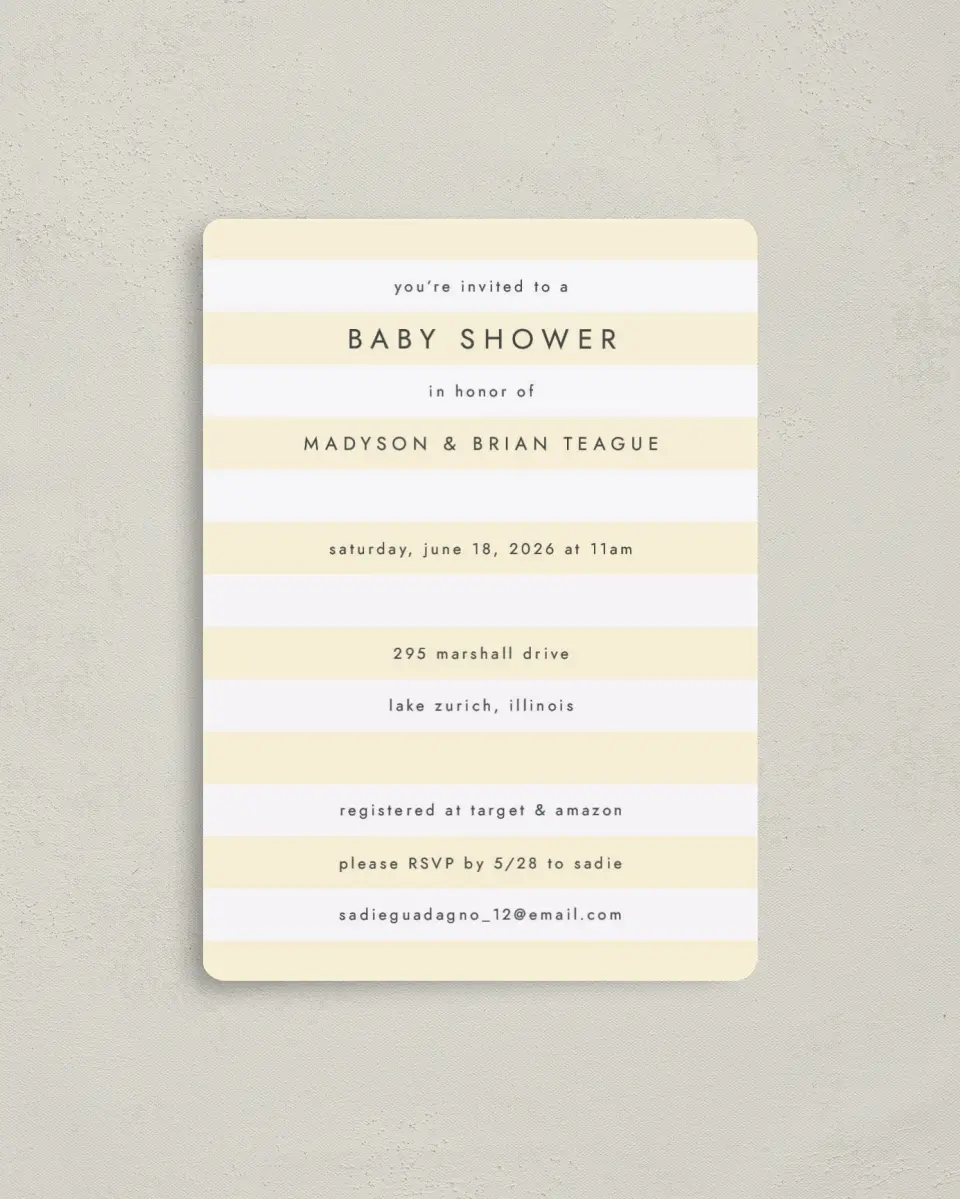 This is a 4" x 5½" Baby Shower Invitation Magnet called Simple Stripes printed in full color with a Luxe Satin finish
