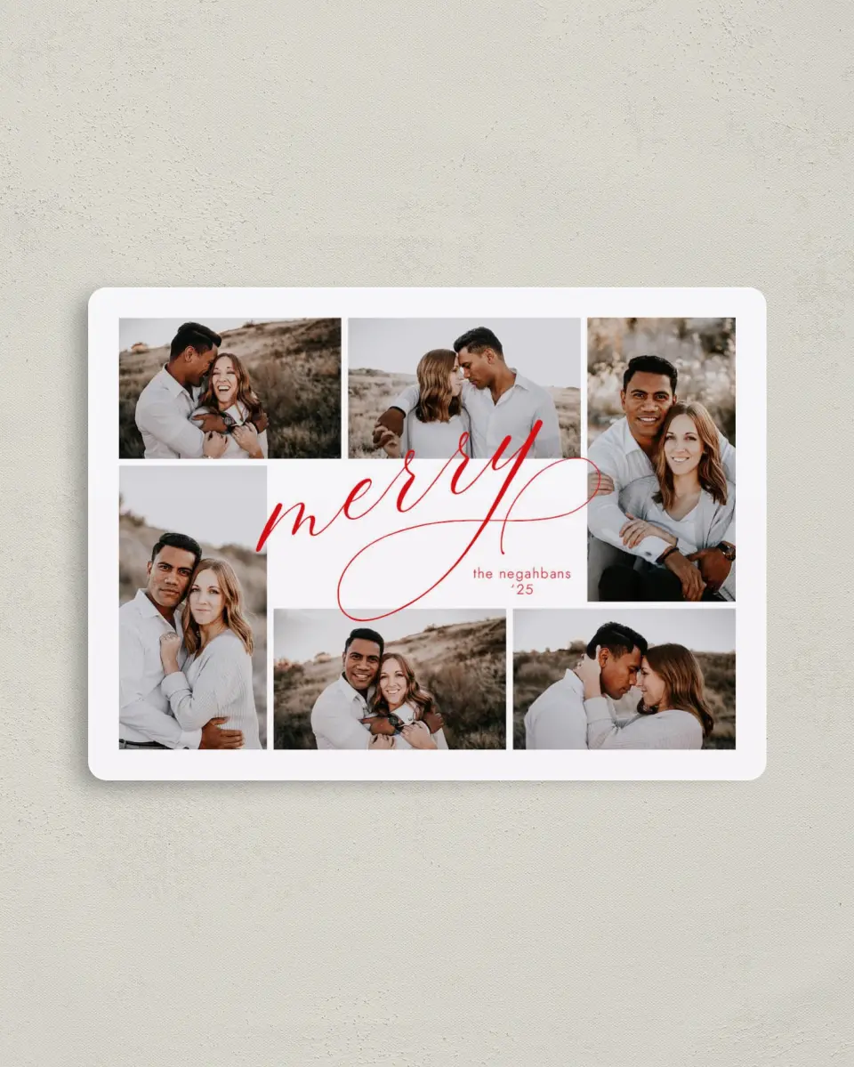 This is a 4" x 5½" Christmas Card called Merry Collage printed in full color with a Luxe Satin finish