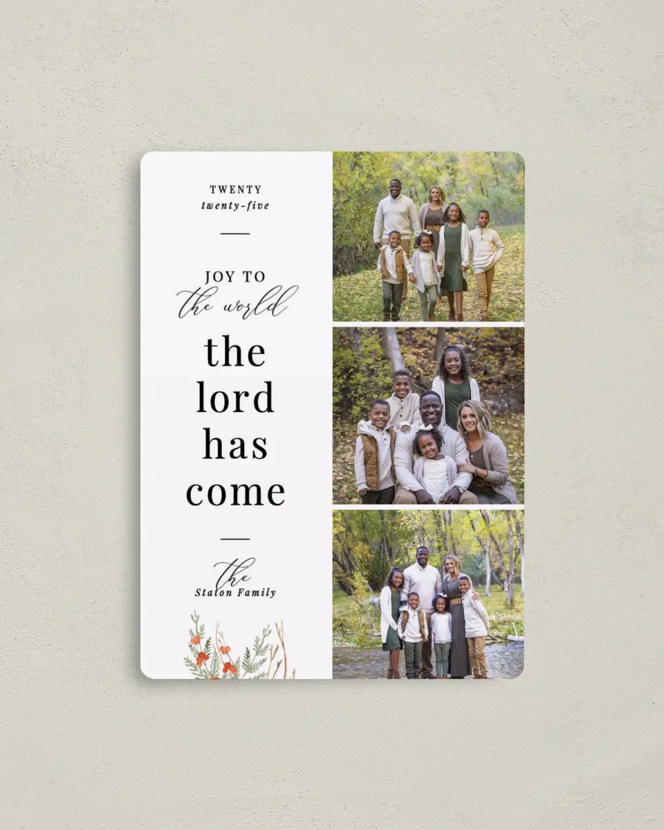 This is a 4" x 5½" Christmas Card called The Lord Has Come printed in full color with a Luxe Satin finish