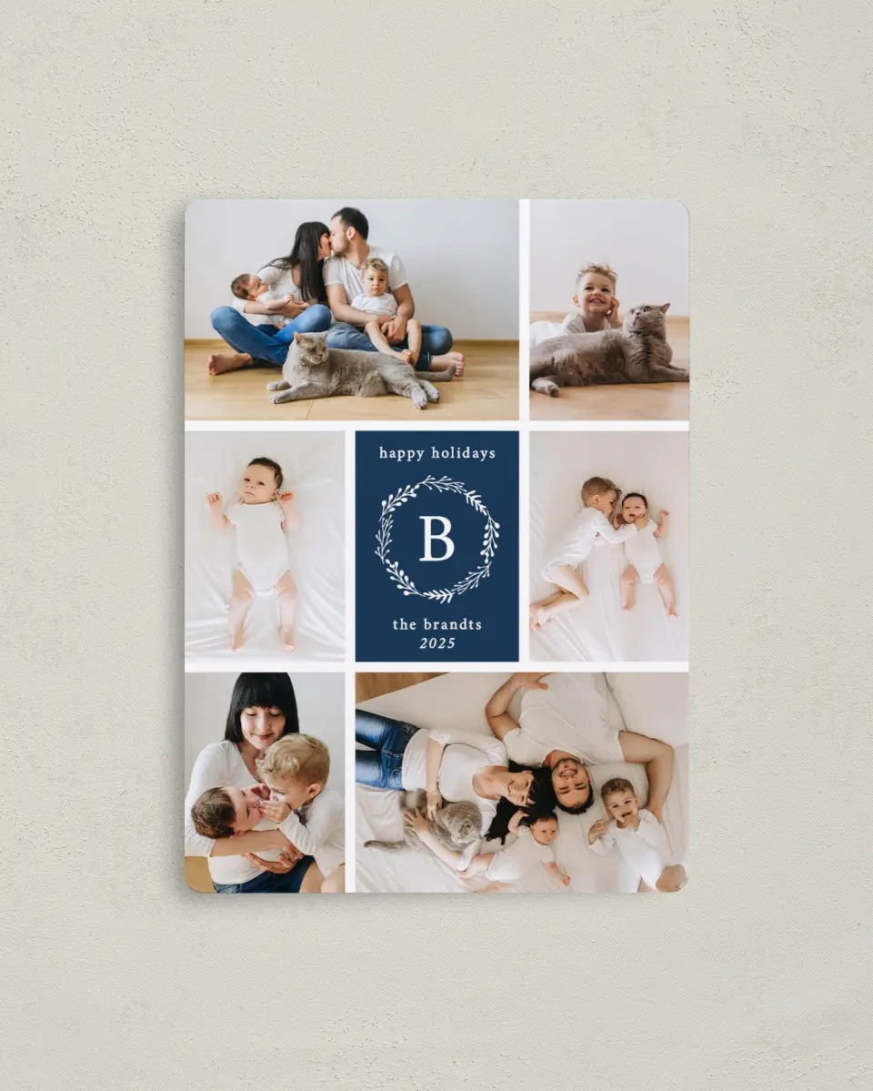 This is a 4" x 5½" Christmas Card called Cheerful Grid printed in full color with a Luxe Satin finish