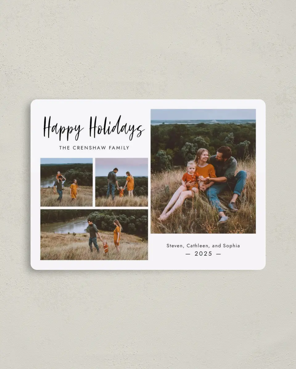 This is a 4" x 5½" Christmas Card called Holiday Grid printed in full color with a Luxe Satin finish