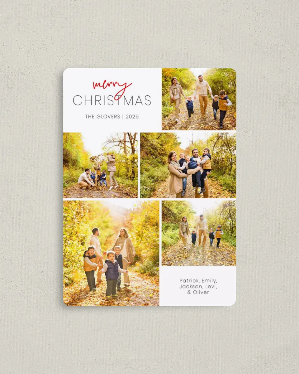 This is a 4" x 5½" Christmas Card called Family Gallery printed in full color with Silver foil and a Luxe Satin finish