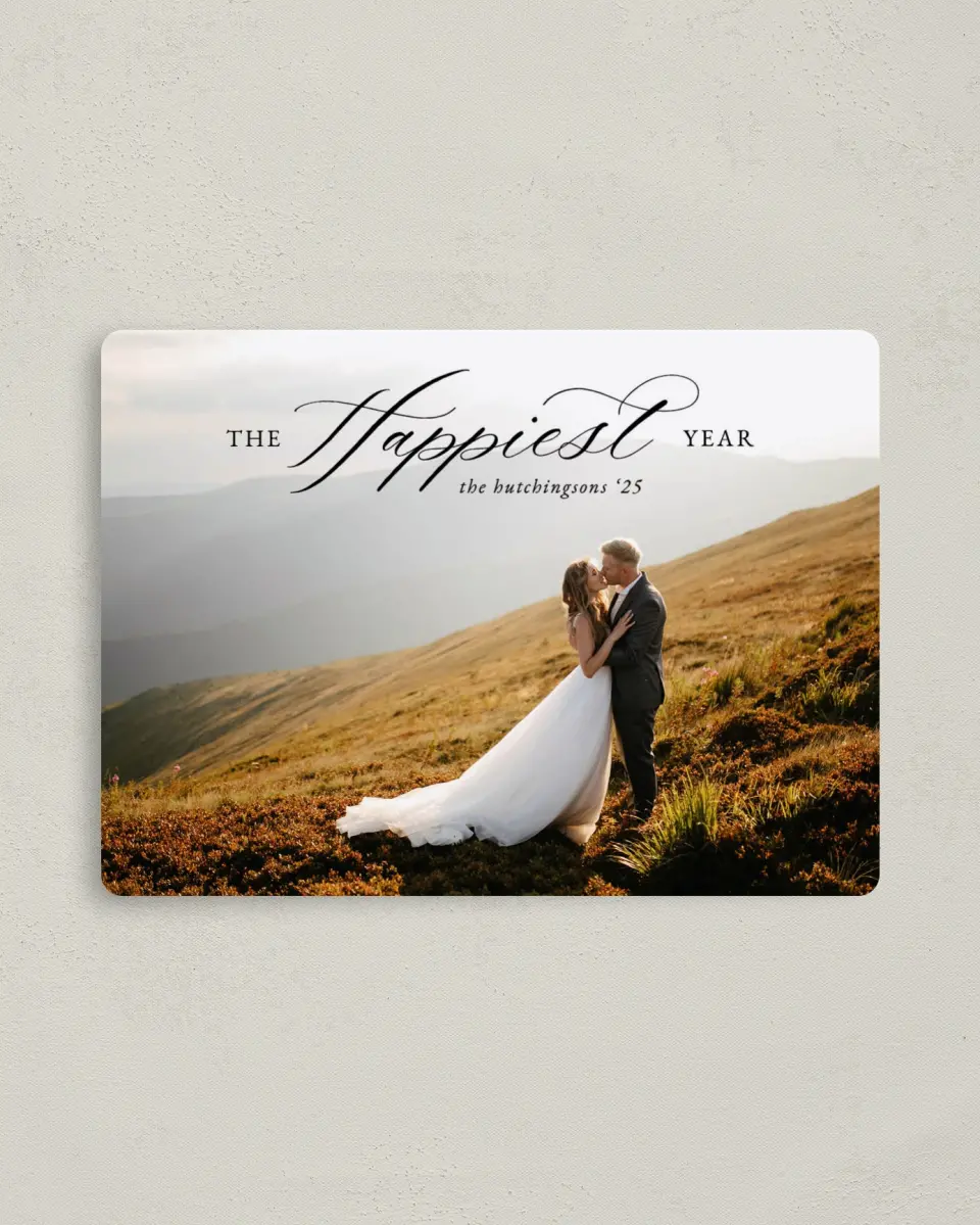 This is a 4" x 5½" Christmas Card called Happiest Year printed in full color with a Luxe Satin finish