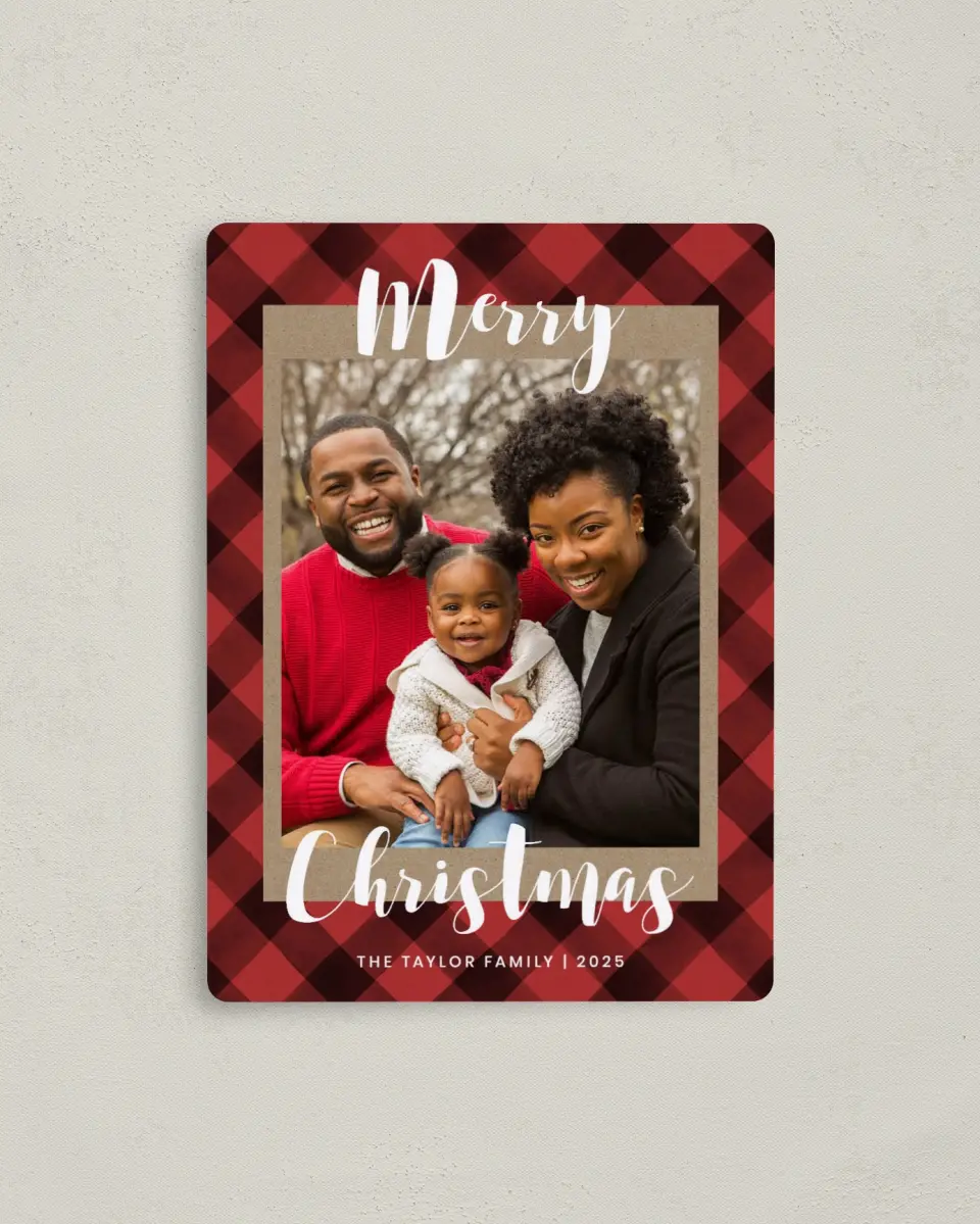 This is a 4" x 5½" Christmas Card called Plaid Christmas printed in full color with a Luxe Satin finish