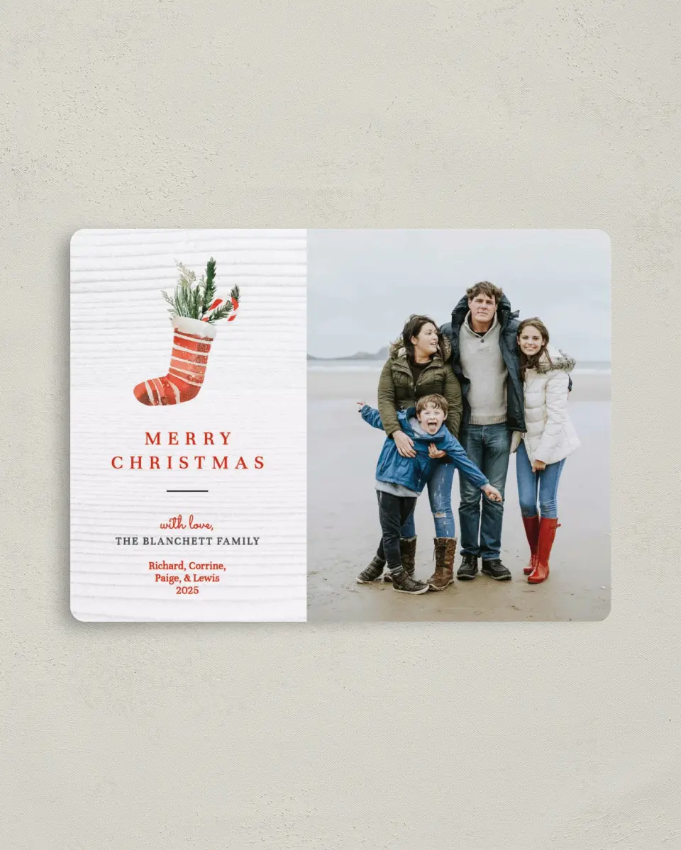 This is a 4" x 5½" Christmas Card called Merry Stocking printed in full color with a Luxe Satin finish