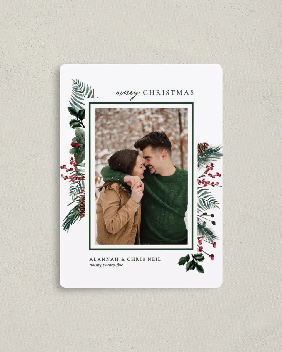 This is a 4" x 5½" Christmas Card called Festive Note printed in full color with a Luxe Satin finish