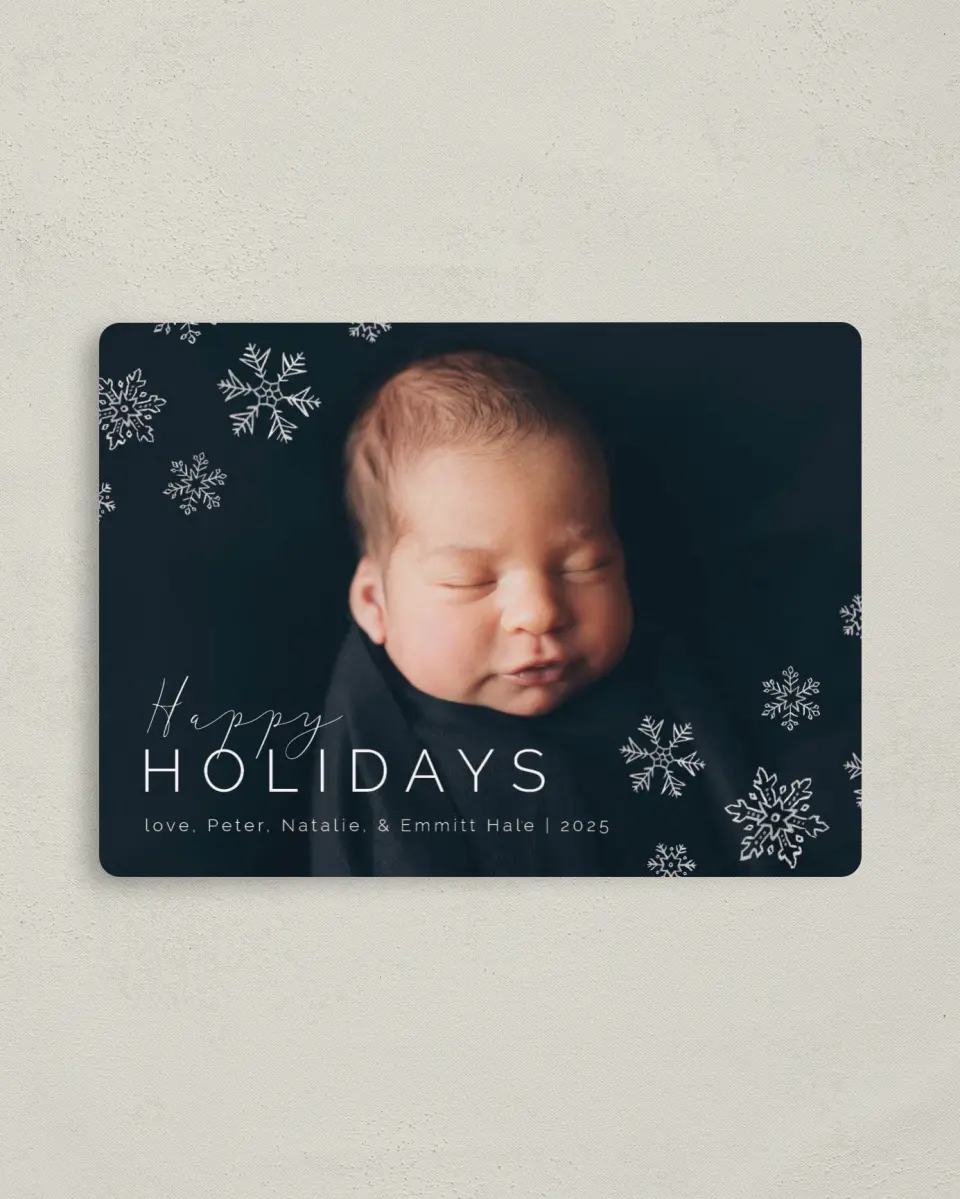 This is a 4" x 5½" Christmas Card called Winter Snow printed in full color with Silver foil and a Luxe Satin finish