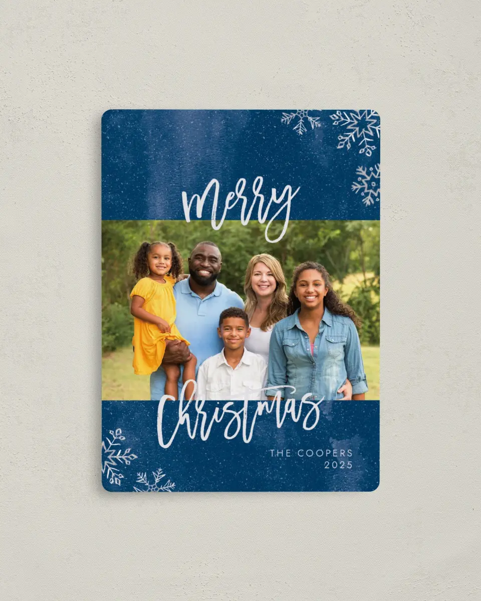 This is a 4" x 5½" Christmas Card called Fresh Snowfall printed in full color with Silver foil and a Luxe Satin finish