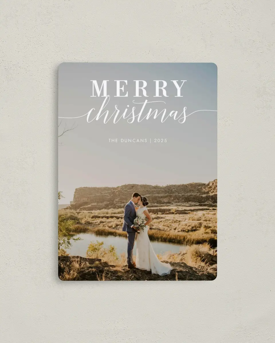 This is a 4" x 5½" Christmas Card called Mod Tidings printed in full color with a Luxe Satin finish