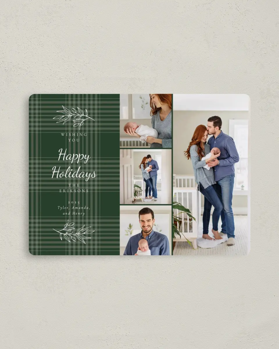This is a 4" x 5½" Christmas Card called Holiday Plaid printed in full color with a Luxe Satin finish