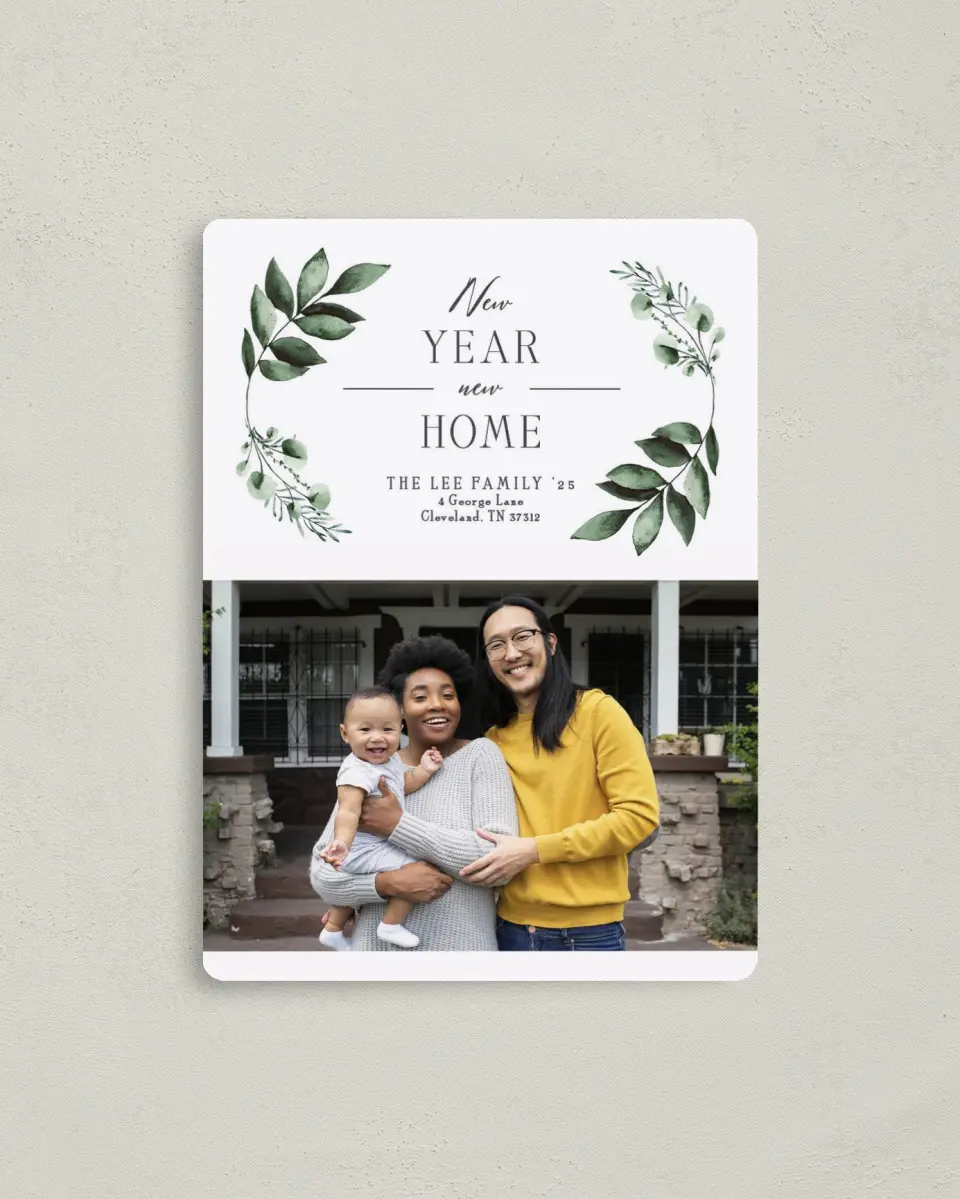 This is a 4" x 5½" Christmas Card called New Home Greetings printed in full color with a Luxe Satin finish