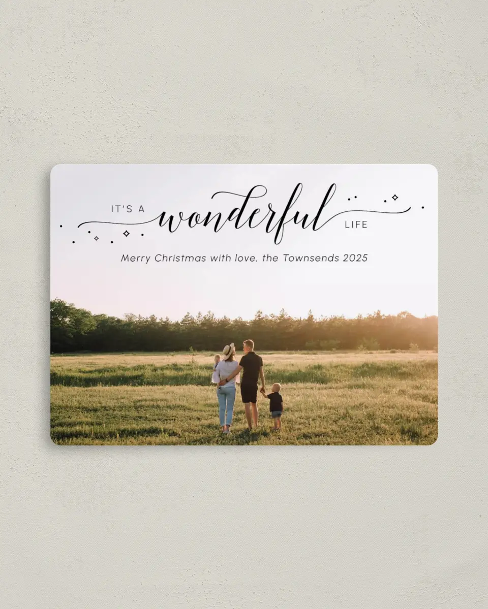 This is a 4" x 5½" Christmas Card called Wonderful Greetings printed in full color with a Luxe Satin finish