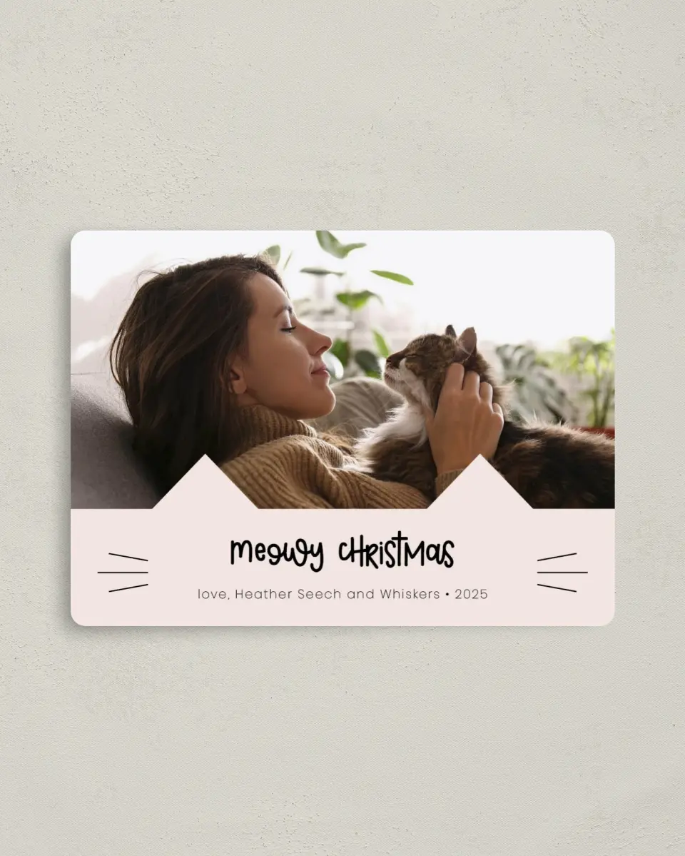 This is a 4" x 5½" Christmas Card called Meowy Christmas printed in full color with a Luxe Satin finish