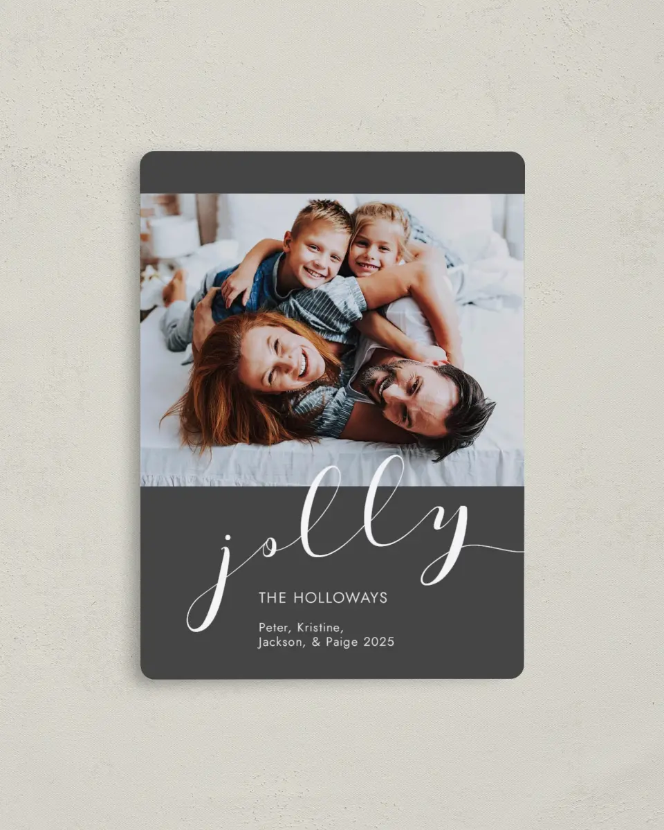 This is a 4" x 5½" Christmas Card called So Jolly printed in full color with a Luxe Satin finish