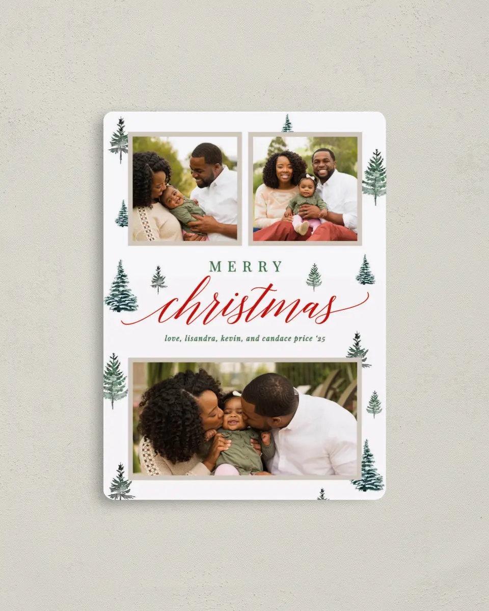 This is a 4" x 5½" Christmas Card called Merry Trees printed in full color with a Luxe Satin finish