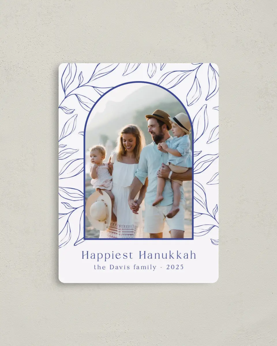 This is a 4" x 5½" Hanukkah Card called Arched Branches printed in full color with Silver foil and a Luxe Satin finish