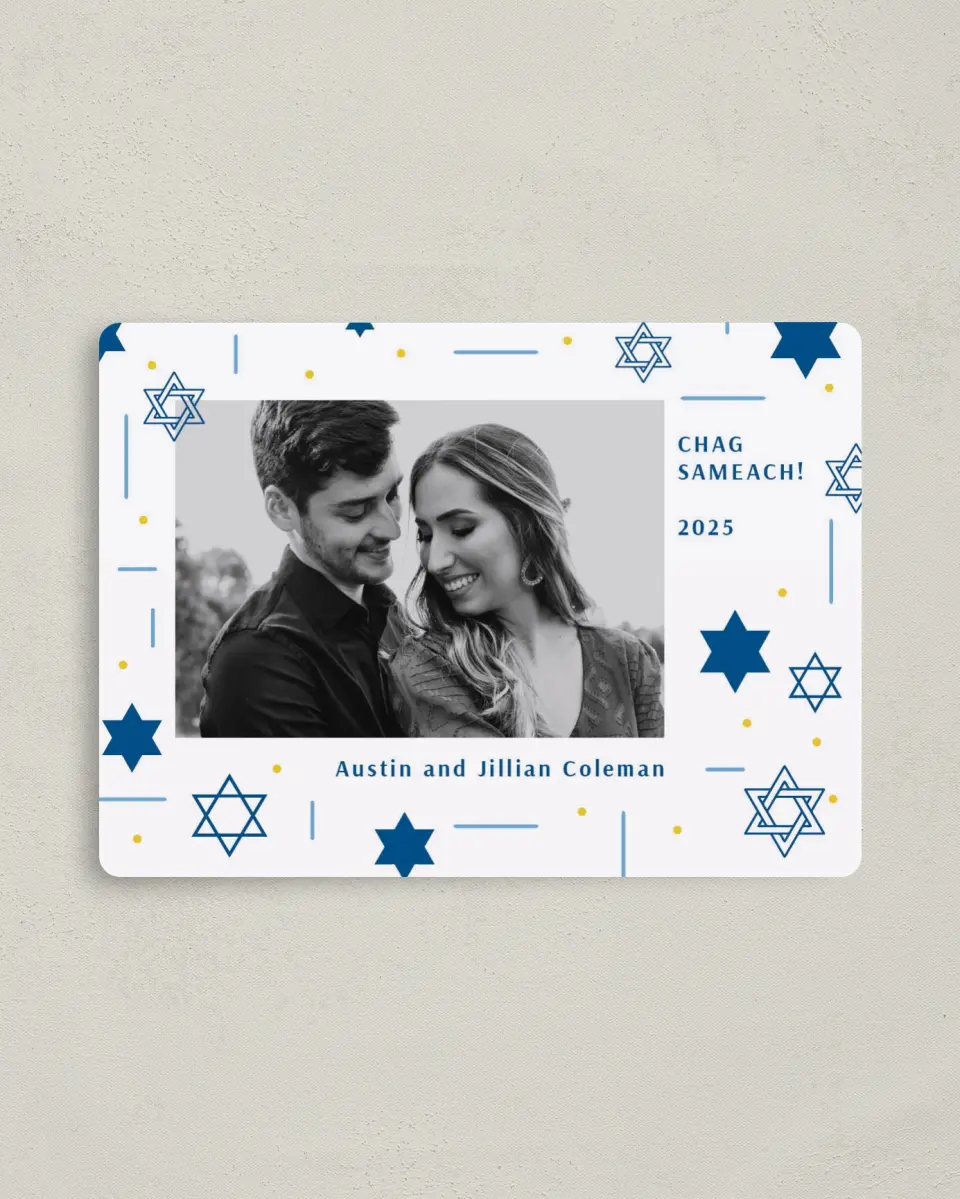 This is a 4" x 5½" Hanukkah Card called Hanukkah Wishes printed in full color with Silver foil and a Luxe Satin finish