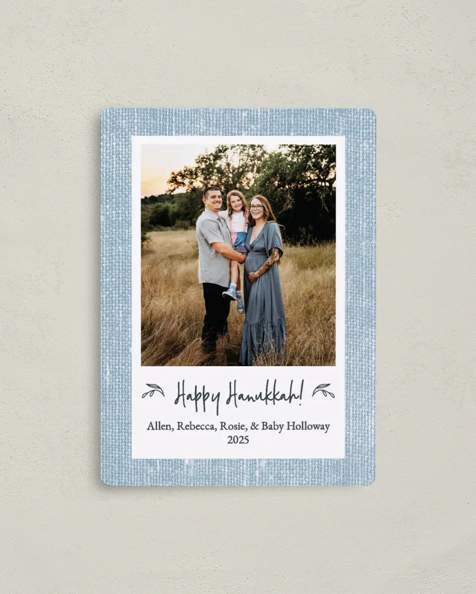 This is a 4" x 5½" Hanukkah Card called Burlap Holidays printed in full color with Silver foil and a Luxe Satin finish