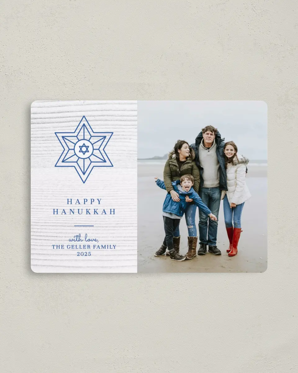 This is a 4" x 5½" Hanukkah Card called Shining Bright printed in full color with Silver foil and a Luxe Satin finish
