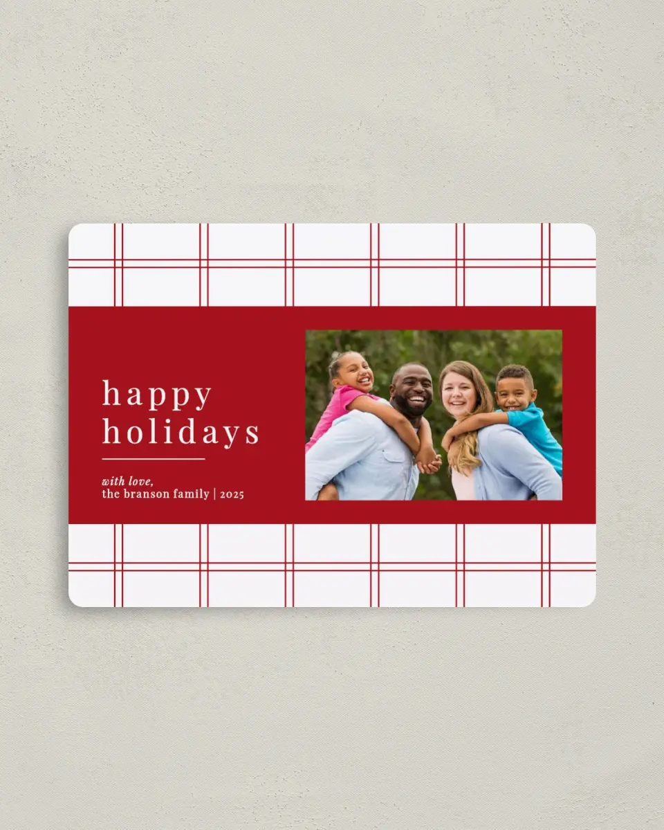 This is a 4" x 5½" Christmas Card called Joyous Grid printed in full color with Rose Gold foil and a Luxe Satin finish