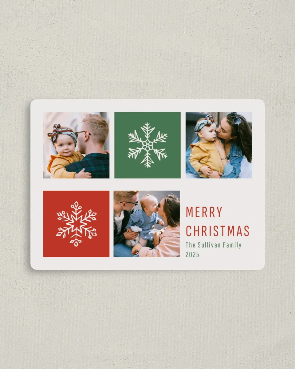 This is a 4" x 5½" Christmas Card called Snowflake Spaces printed in full color with a Luxe Satin finish