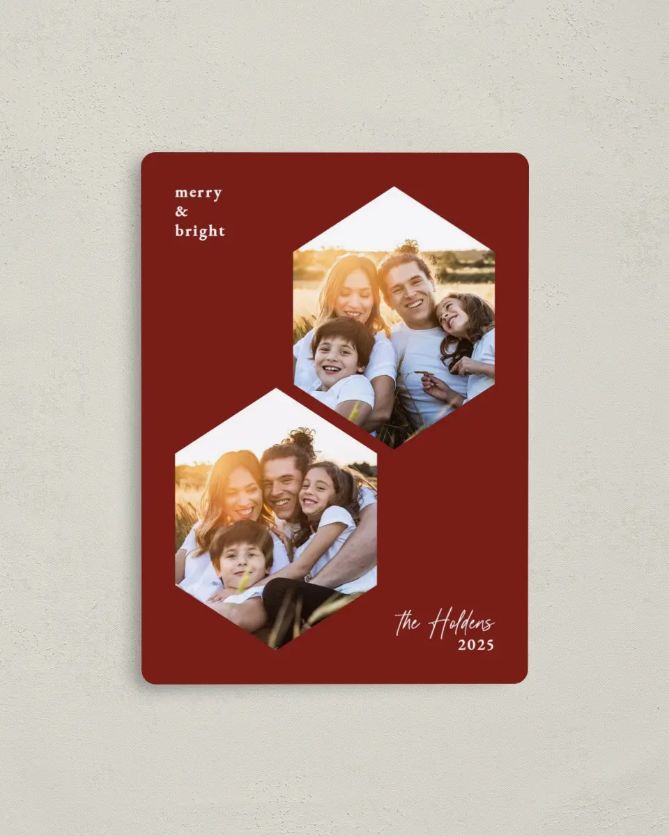 This is a 4" x 5½" Christmas Card called Hexagon Holiday printed in full color with a Luxe Satin finish