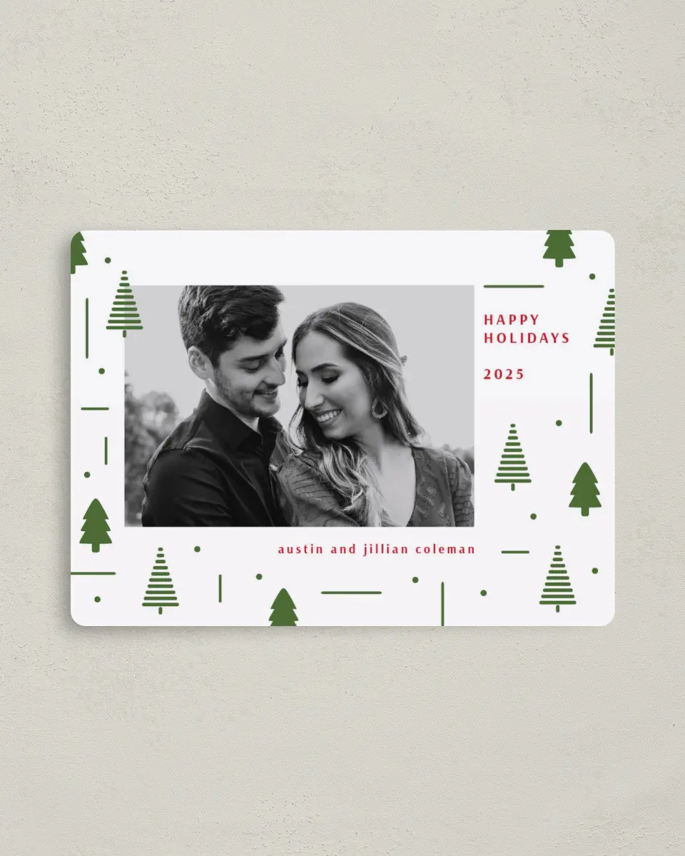 This is a 4" x 5½" Christmas Card called Festive Forest printed in full color with a Luxe Satin finish