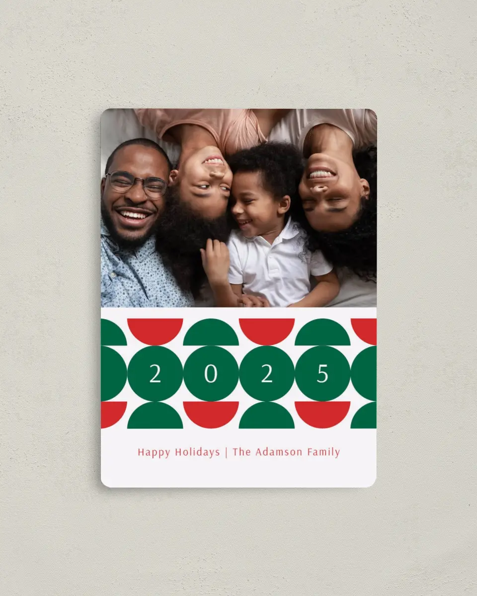This is a 4" x 5½" Christmas Card called Year Circles printed in full color with a Luxe Satin finish